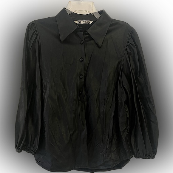 ZARA Black Puffed Sleeve Faux Leather Shirt Blouse - Picture 5 of 6